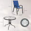 5 Piece Dark Blue Metal Garden Dining Set with Round Tempered Glass Table, Parasol Hole and 4 Stackable Chairs