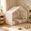 Lit simple à baldaquin rose avec panneaux latéraux rembourrés en velours Canopée en lin respirant Doux lit plateforme moderne avec lit plateforme facile à assembler pour la chambre à coucher