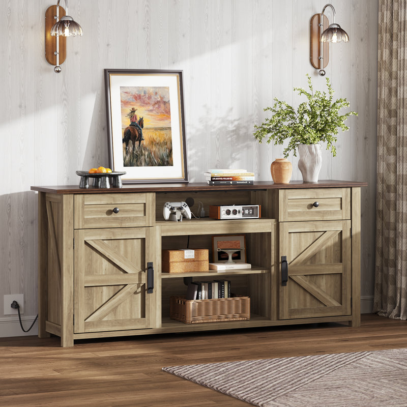Hartin Farmhouse TV Stand for 75 inch TVs with Large Storage Cabinets & Drawers, Modern Entertainment Center with Built-in Power Outlet, Media Console with Open Shelves for Living Room