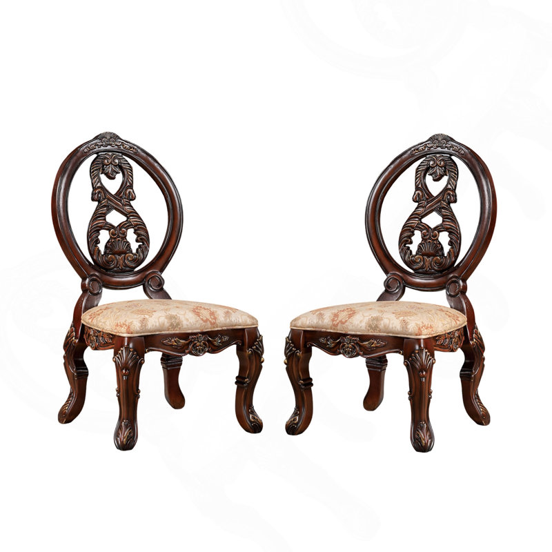 Chaises d'appoint traditionnelles 2 pièces en cerisier brun avec sièges en tissu brun clair et détails en bois massif