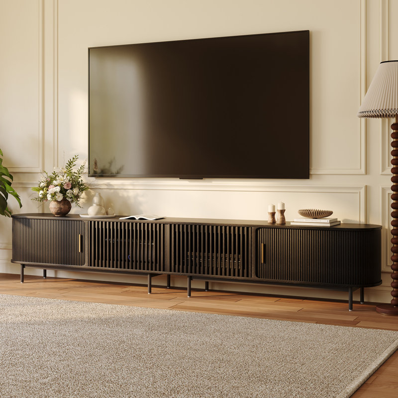 Mid-Century Modern TV Stand, Sliding Door, Fully Assembly, 21.25"H x 118"L x 15.75"W, Black