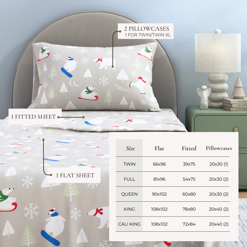 100% Turkish Cotton Flannel Christmas Sheet Sets, Penguins, Full with 2 Pillowcases