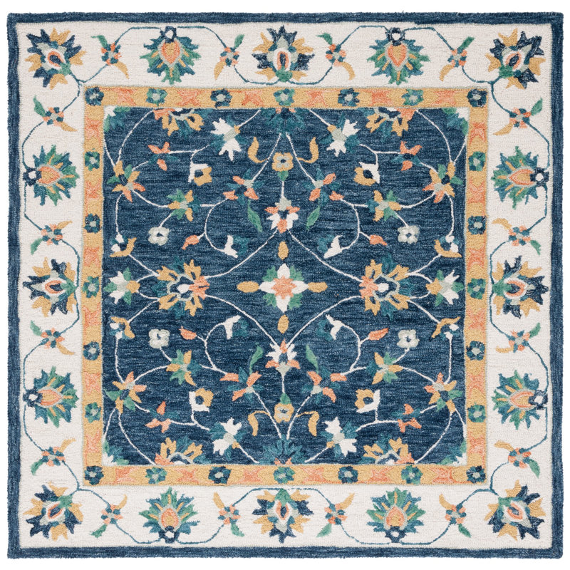 Tapis bleu / ivoire / jaune en laine touffeté à la main Rosalna, Carré 5 pi