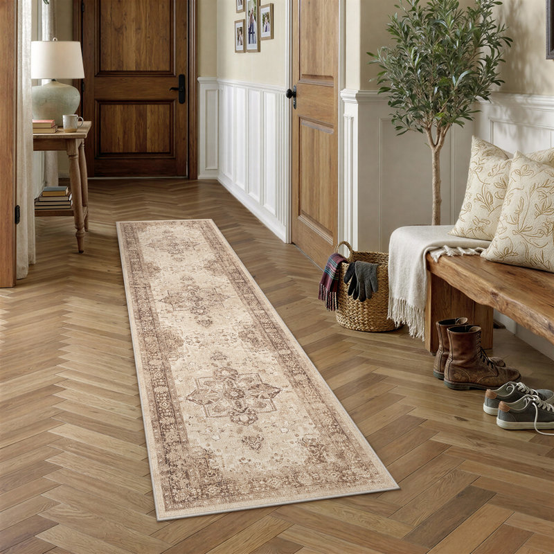 Tapis lavable rétro patiné avec envers antidérapant, Tapis de couloir 2 pi x 8 pi, Brun