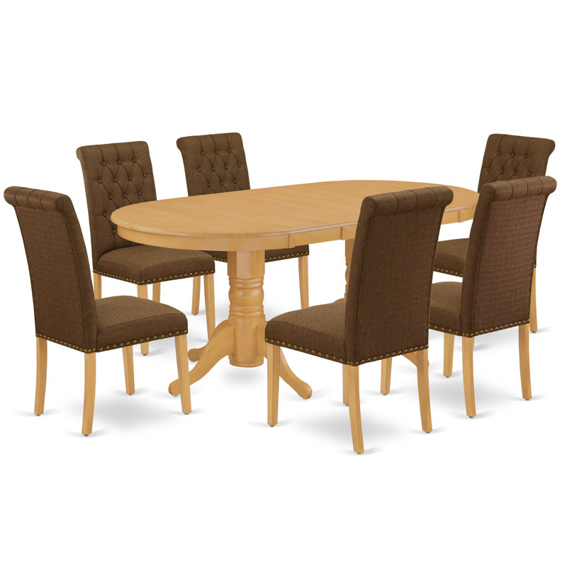 7 Piece Dining Table Set Consist of an Oval Butterfly Leaf Kitchen Table and 6 Brown Linen Fabric Upholstered Chairs, Oak, 7