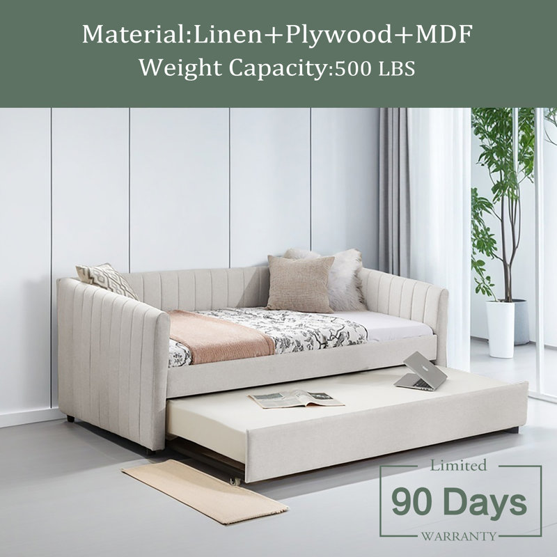 Daybed With Trundle Upholstered Sofa Bed, With Vertical Stripes, Linen Fabric, Beige, Twin