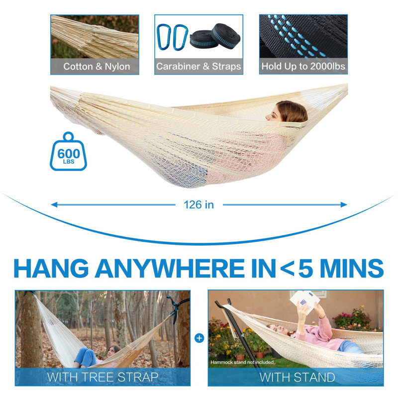 Hamac, hamacs en corde souple tissés à la main pour l'intérieur, capacité maximale de 600 lb, sangles d'arbre et mousquetons inclus