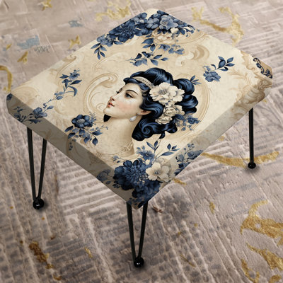 Blue Beige Victorian Cameo Portraits - Floral Rectangle Ottoman