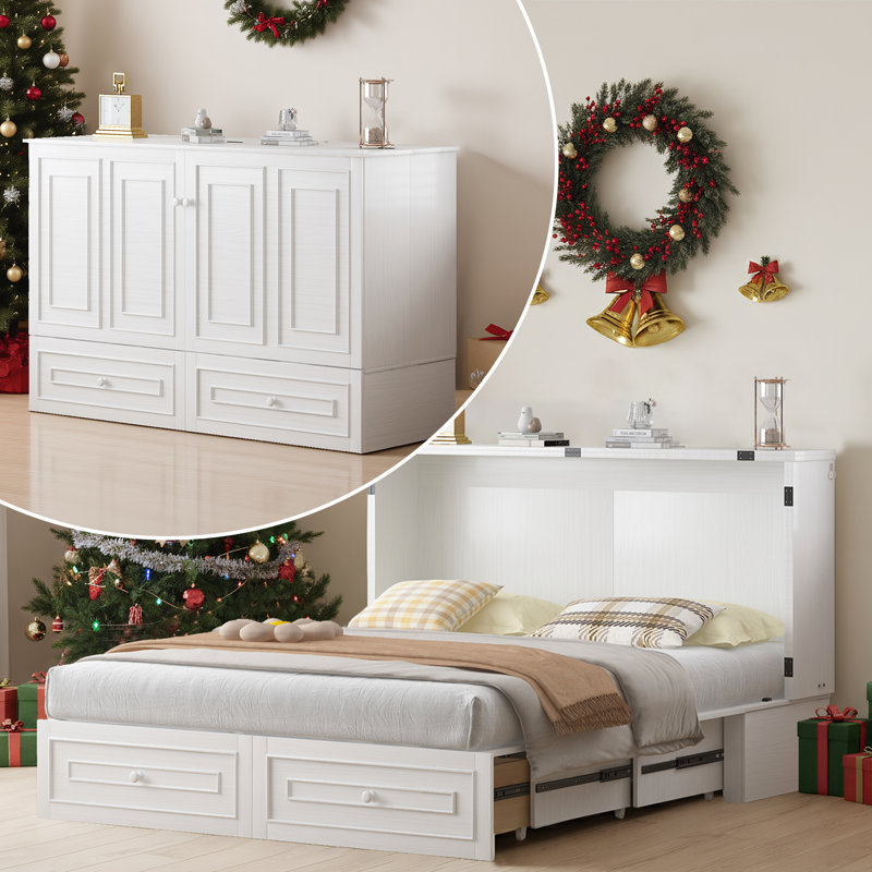 Grand lit escamotable avec USB, tiroir et matelas à mémoire de forme, Blanc