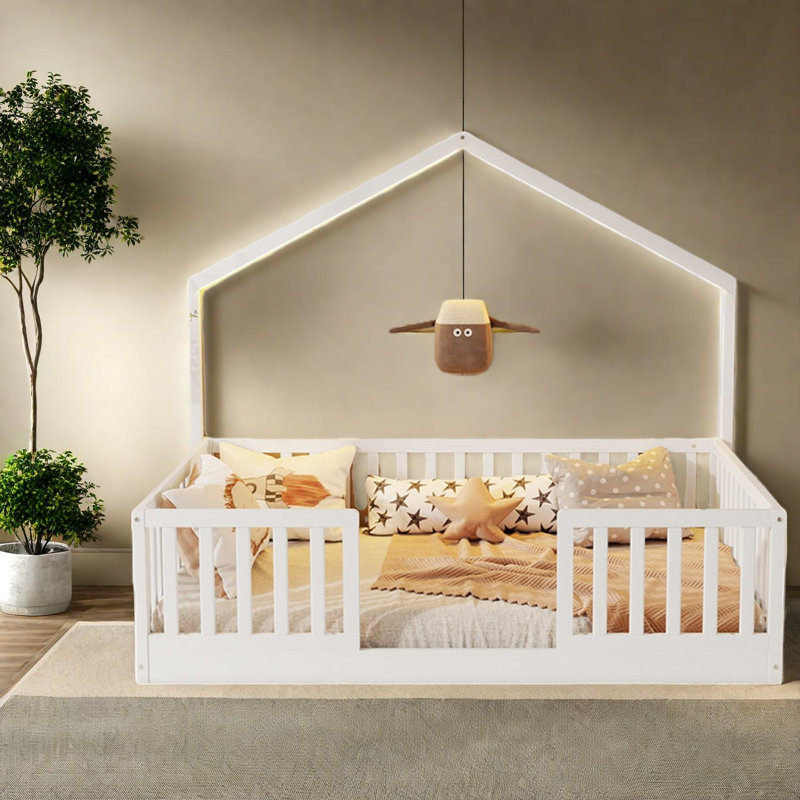 Lits pour enfants en bois durable avec rails hauts et DEL, style Montessori