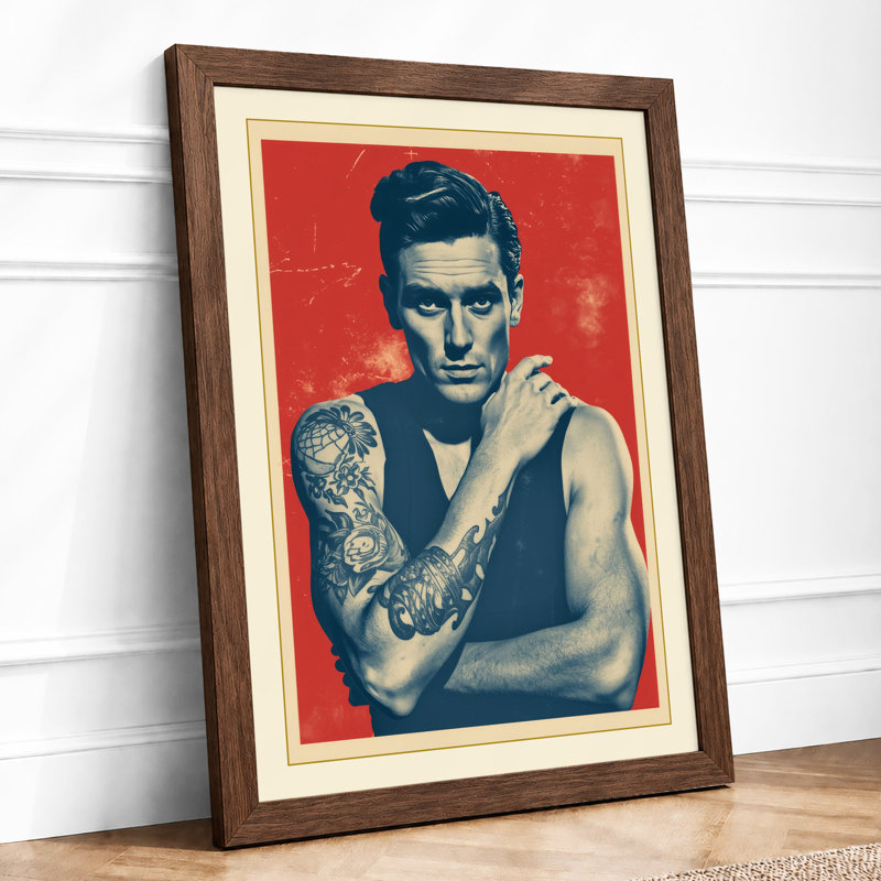 Tattooed Portrait, Red Ground Retro - Print, Walnut, A3 - 42.0 x 29.7 cm