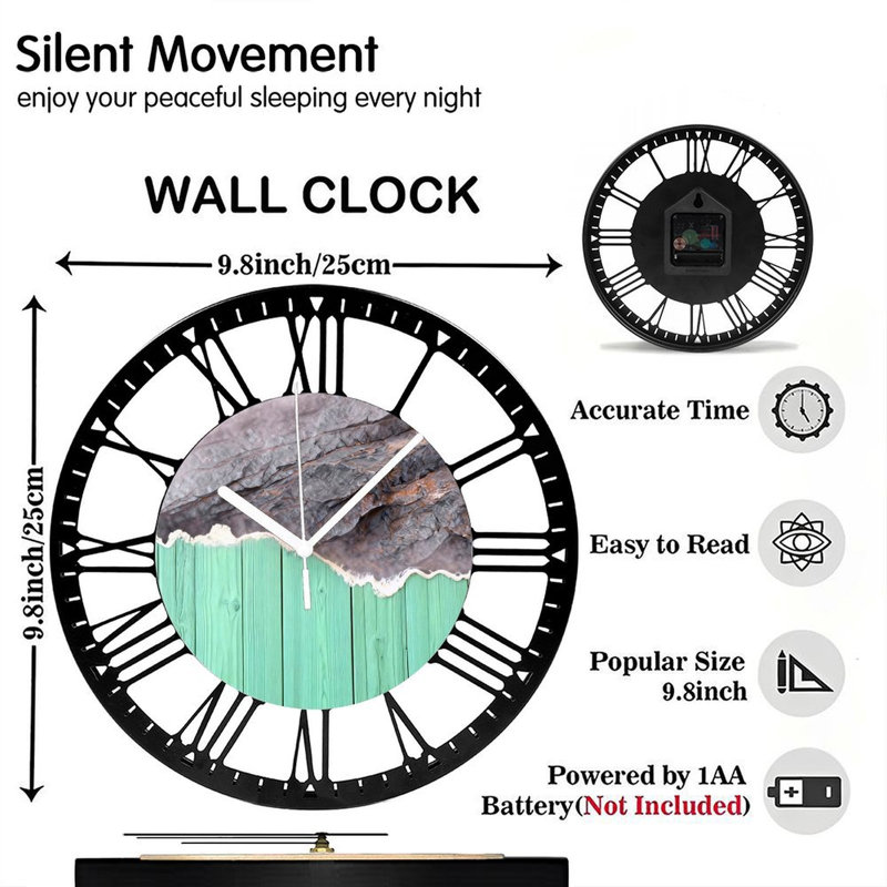 Horloge murale ronde en fer 10 po avec mouvement à quartz silencieux, chiffres romains, impression UV, Ardoise verte
