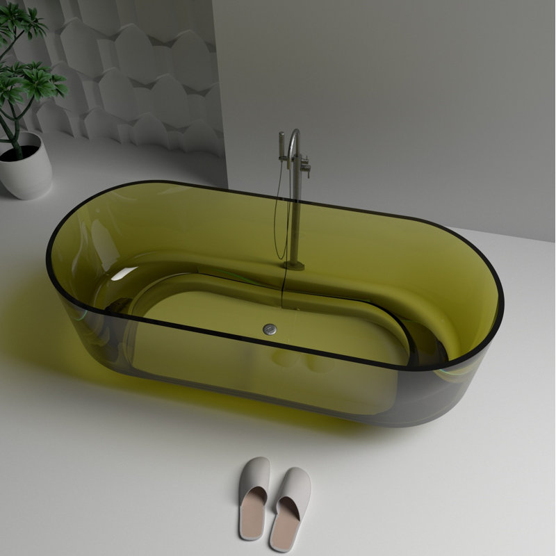 67'' W 22'' H Frameless Offset Curved Tub & Shower Kit, Olive