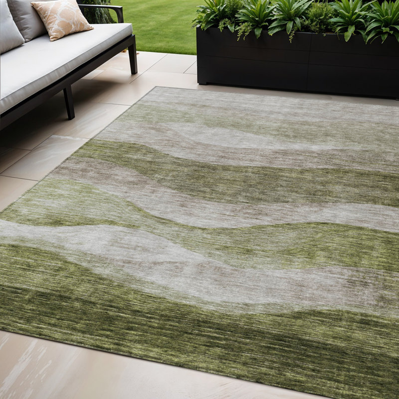 Tapis extérieur lavable abstrait vert et beige 5 pi x 8 pi
