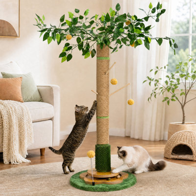 Arbre à chat de 124 cm avec fausses feuilles vertes, poteau à griffer recouvert de sisal, circuit tournant et pompons suspendus ; tour décorative pour chats d'intérieur, idéale pour faire leurs griffes et jouer.