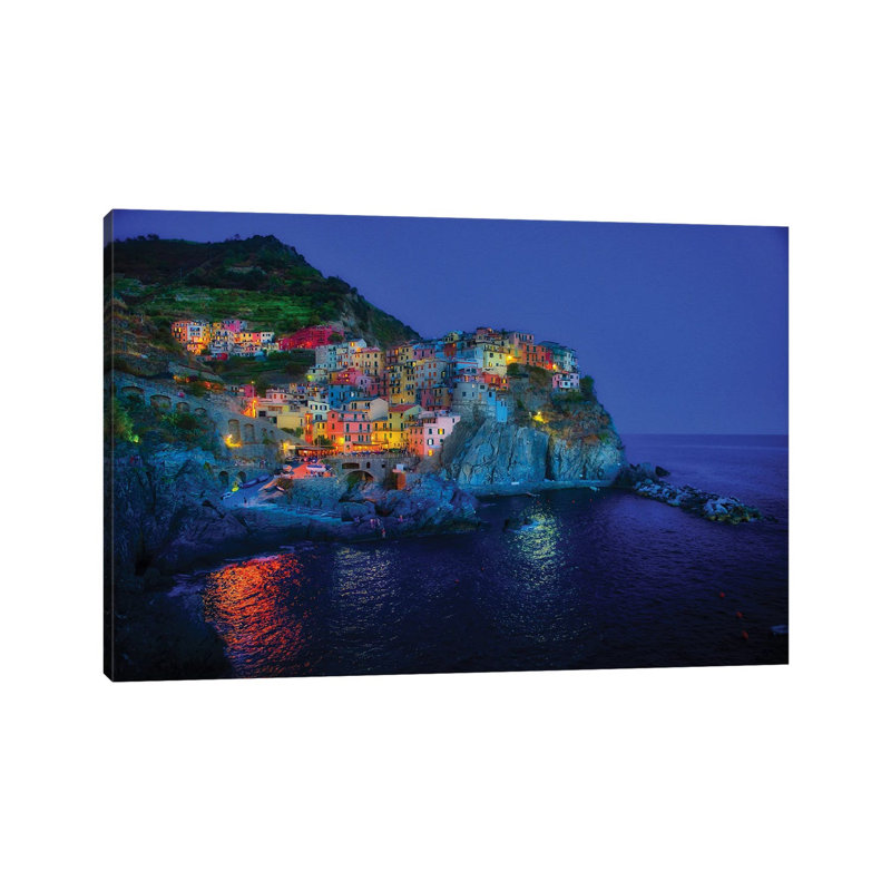 Manarola Of Cinque Terre At Blue Hour by Zoe Schumacher - No Frame Print on Canvas, 20.32 cm H x 30.48 cm W