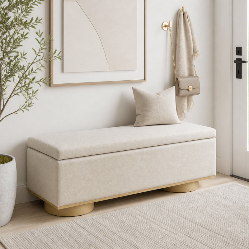 Banc de rangement moderne rembourré de couleur avoine de 50 pouces