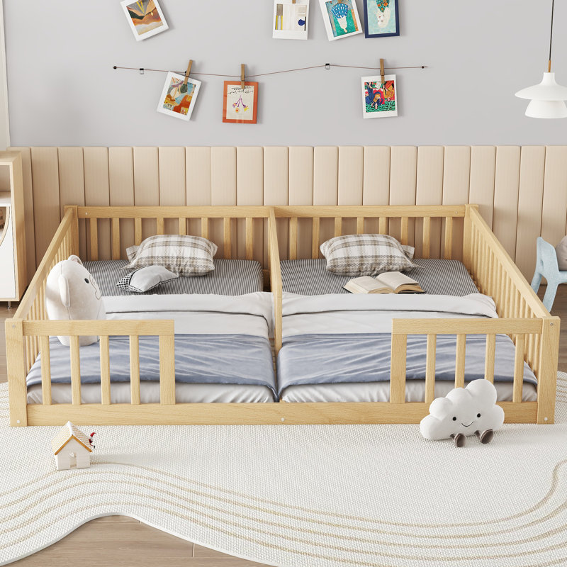 Double Twin Floor Bed With Fence, Guardrails, Montessori Floor Bed Without Door For Girls Boys, No Box Spring Need, Brown