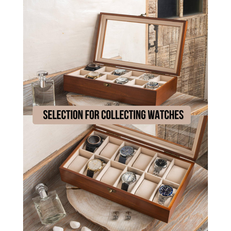 Walnut Wooden Watch Box with Glass Lid and Linen Lining