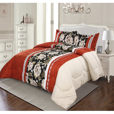 Red Trendy Printed Bedspread Floral Design Quilted with Pillow Shams