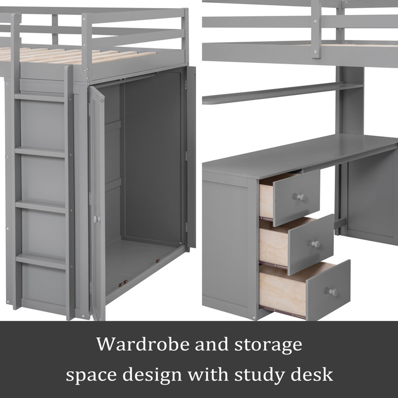 Lit mezzanine avec tiroirs, bureau et garde-robe, Gris, Lit double
