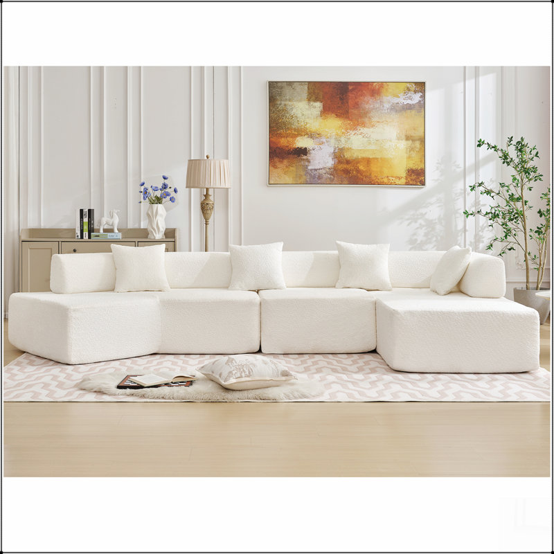 Canapé modulaire moderne en L de 140 po sans assemblage requis, Polyester blanc