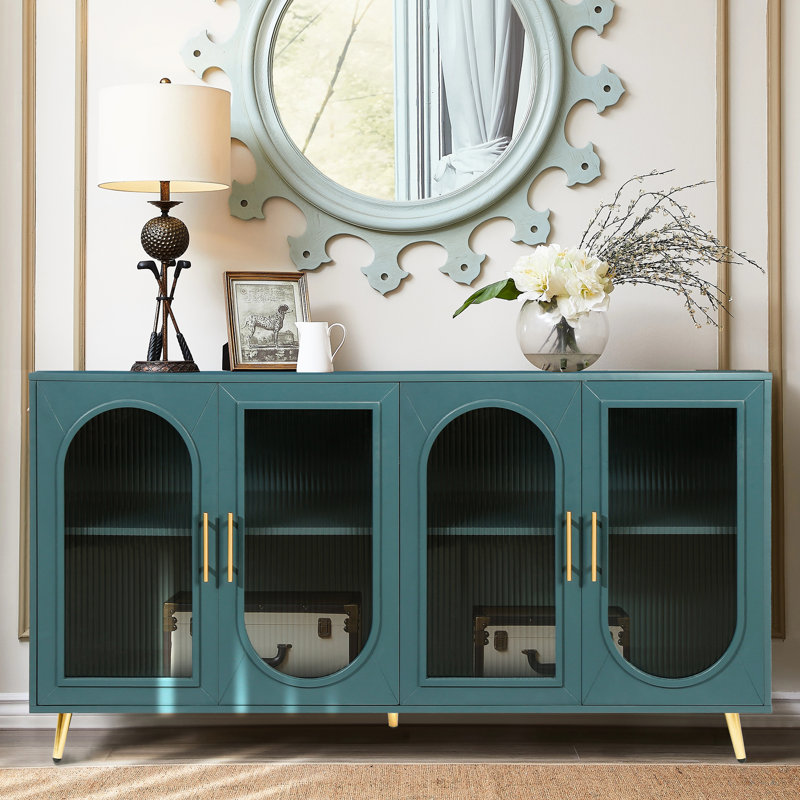 Meuble télé 65 po et plus, bois avec verre et tablettes réglables, armoire de rangement bleu marine pour console de chambre à coucher, tablettes bleues, média