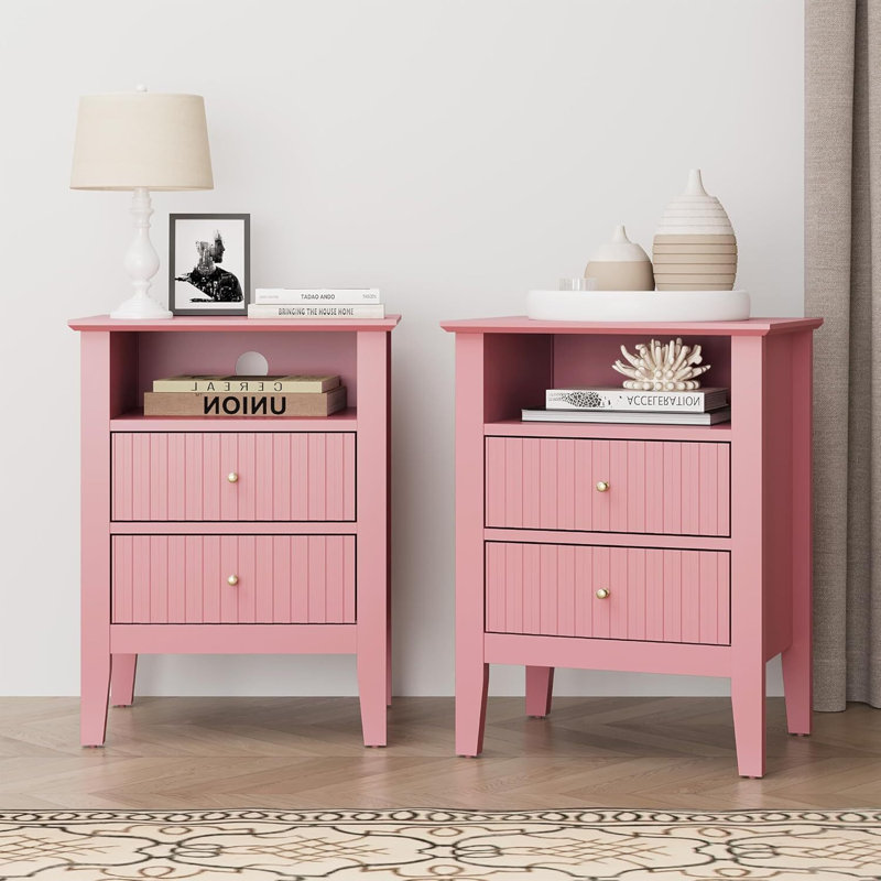 Ensemble de 2 tables de chevet cannelées roses avec 2 tiroirs et tablette ouverte, tables de chevet modernes, Rose, 2