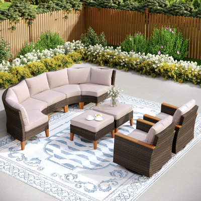 Argyri Outdoor Wicker Patio Conversation Furniture Set With Swivel Chairs And Firepit Table