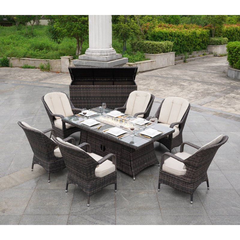 Algird 6 - Person Wicker Patio Dining Set with Rectangular Table , Cushions Included