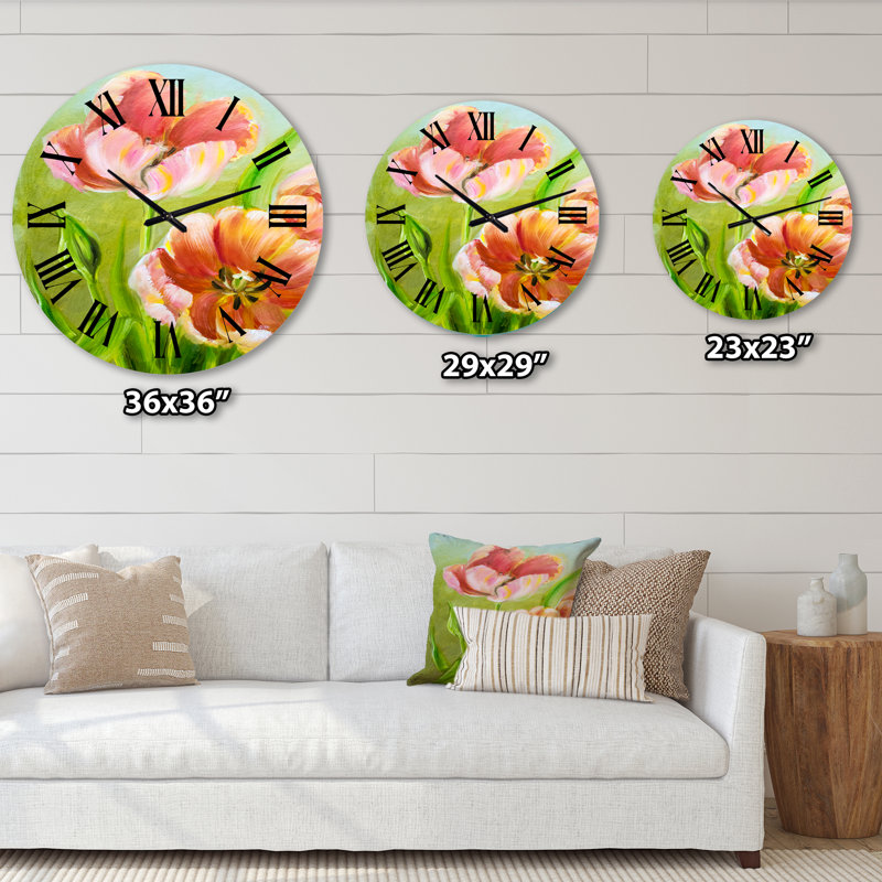 Horloge murale traditionnelle rétro avec tulipes rouges III, Grand