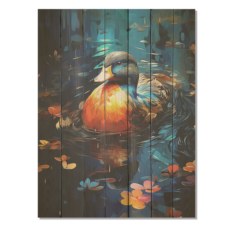 Canard bleu et orange, matin, lac Quack - animal canard sur bois, H 44 po x l 34 po
