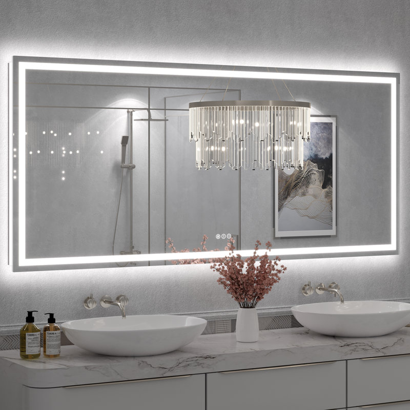 Molly Framelss or Framed LED Anti-Fog Tempered Glass Wall Bathroom Vanity Mirror - UL Certified, 72" x 32", Clear
