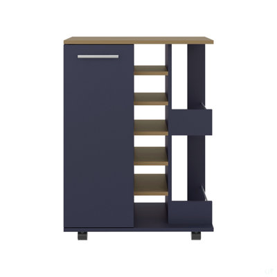 Bar Cart, Two External Shelves, Four Casters, Six Built-In Wine Rack, Single Door Cabinet, Natural Oak, Navy Blue