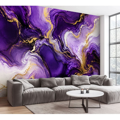 Wall Mural Peel and Stick Wallpaper Abstract Purple Gold Marble Fluid Art Self-Adhesive Removable Contact Paper Wall Decor for Living Room Bedroom 100"H x 144"W