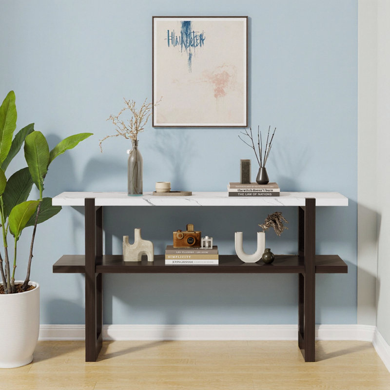 Console étroite avec plateau en marbre, table d'entrée rétro avec tablette ouverte pour un rangement polyvalent et un design élégant