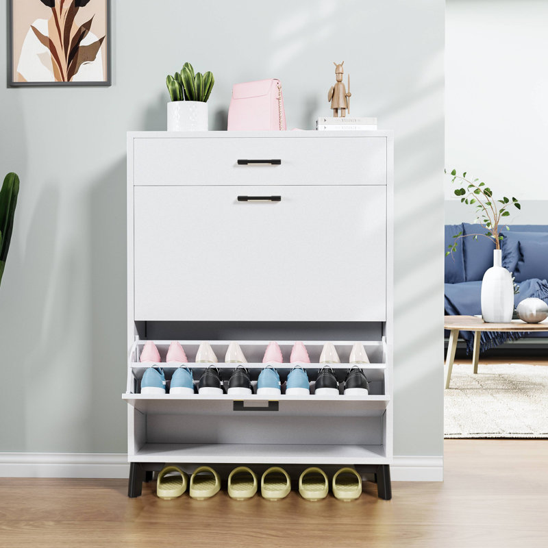 Shoe Storage Cabinet For Entryway, Free Standing Shoe Organizer With 2 Flip Drawers, Hidden Shoe Rack Storage Organizer For Doorway Hallway Closet