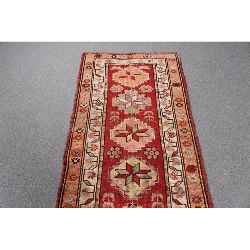 Tapis de couloir anatolien noué à la main en rouge vif parfait pour le couloir ou les escaliers