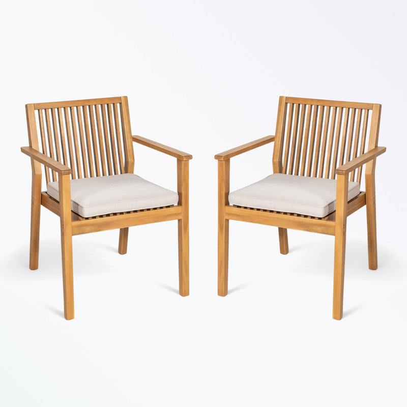 Ensemble de 2 chaises de salle à manger d'extérieur avec coussin moelleux et dossier à lattes, Naturel