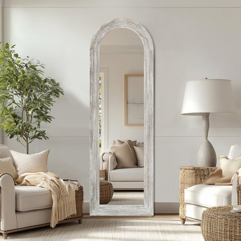 Arched Full-Length Mirror - Solid Paulownia Wood Frame, Rustic Whitewashed Finish, Multi-Size Options, Wall-Mounted Or Leaning For Bedroom, Living Room, Closet