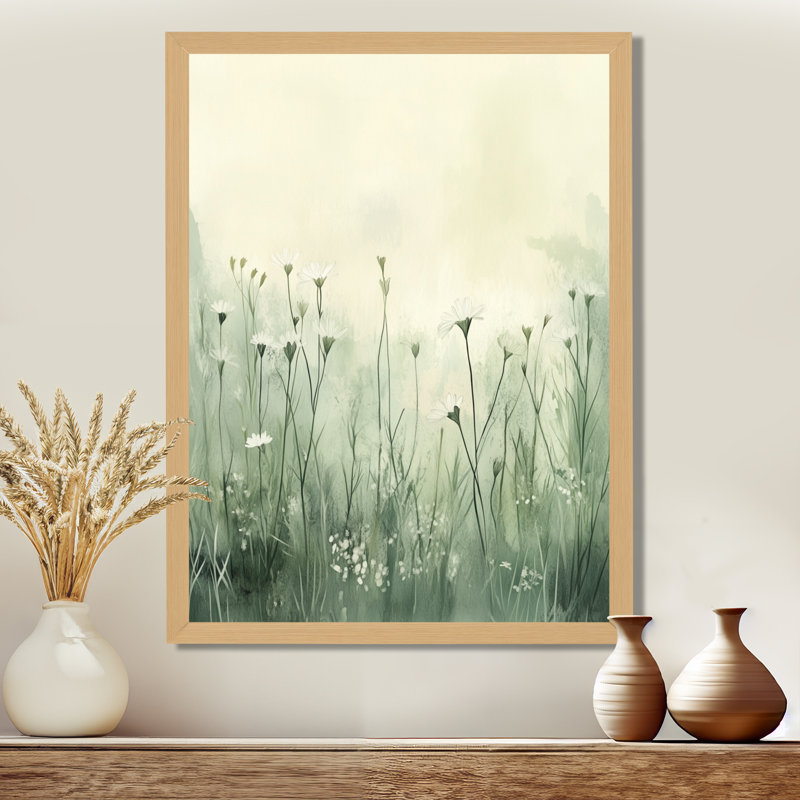 Horizon floral crème vert pâle crème II - Tableau encadré, H 44 po x l 34 po, Cadre naturel