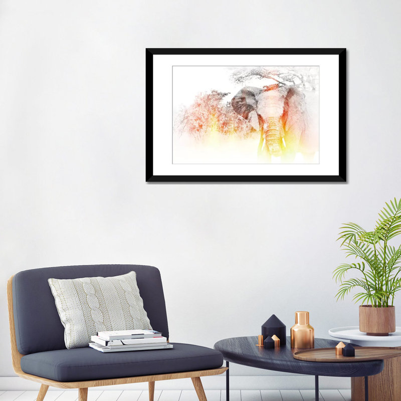 «Golden Elephant», reproduction sur toile, H 16 po x l 24 po x P 1 po, Papier d'art encadré noir, Blanc