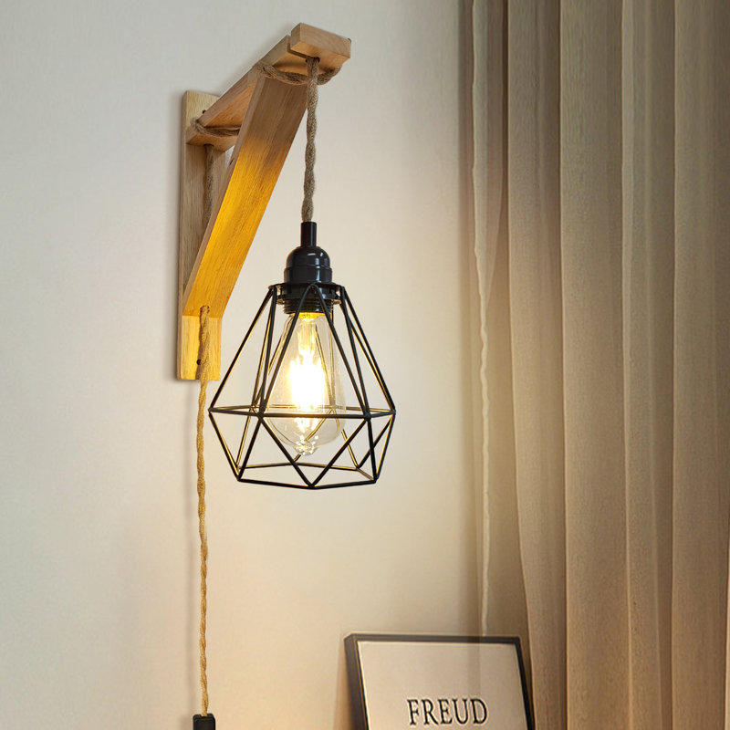 Farmhouse Plug In Wall Sconce With 1 Bulb, Wood Shelf Bracket & Switch For Hallway, Living Room