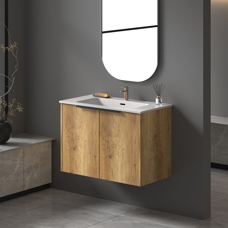 Meuble-lavabo mural flottant 30 po avec lavabo intégré en pierre artificielle et portes à fermeture douce en chêne chaud