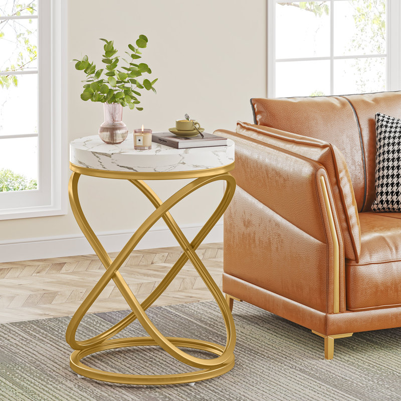26'' White and Gold Faux Marble Top Round End Table