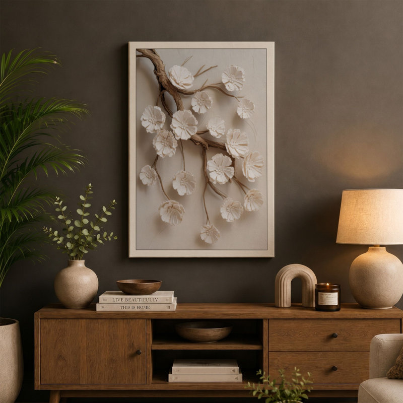 Blossoms on Weathered Branch Botanical 1 Piece Wrapped Canvas Wall Art, 36x24 - 91.4 x 61.0 cm, Teal Border