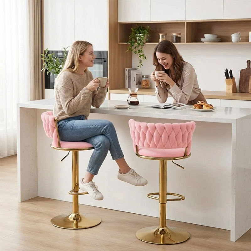 Pink Velvet Swivel Bar Stool Set of 4, Modern Adjustable Height Barstools with Golden Metal Base for Kitchen Island, 4, Pink