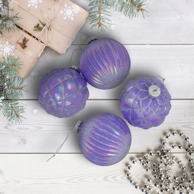 Shiny Glittered Iridescent Glass Ball Christmas Ornaments - 3" (80Mm) - Purple - 4Ct