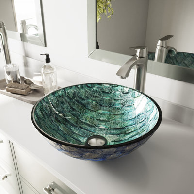 Giovanni 17" L x 17" W x 6" H Round Glass Vessel Bathroom Sink with 12" H Faucet