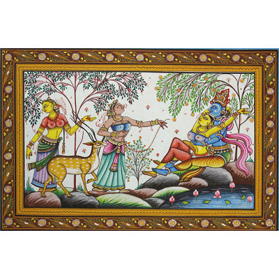 Radha Krishna sur les rives de Yamuna avec Gopis | Aquarelle sur Patti